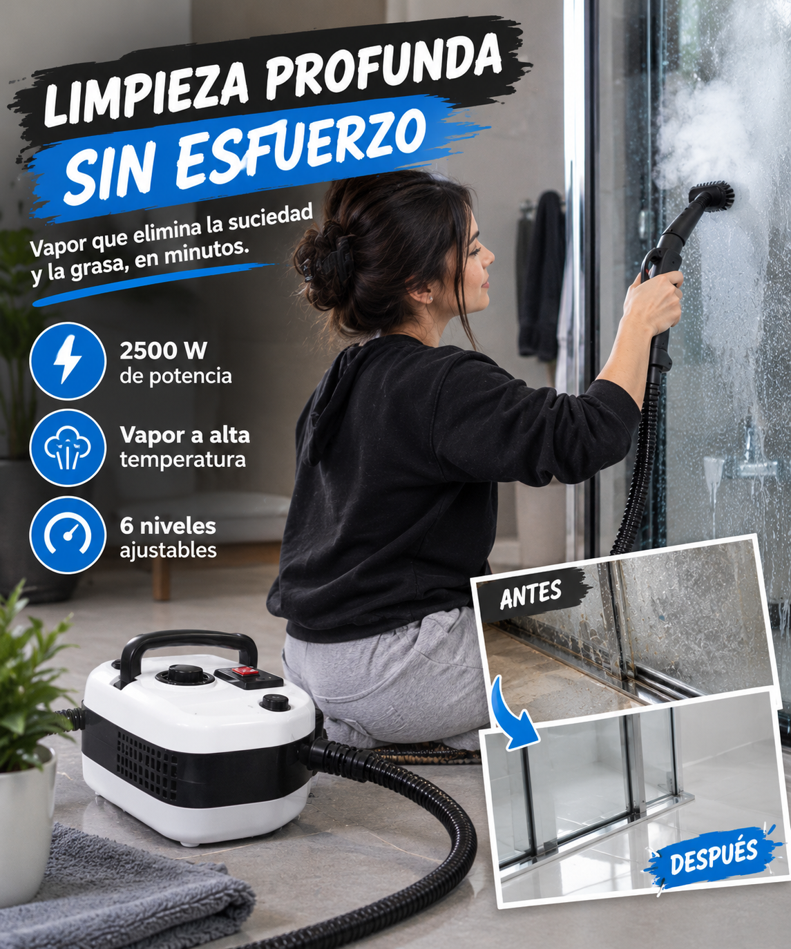 Limpiadora a Vapor Portátil 2500W | Elimina el Sarro y Desinfecta en Segundos sin Esfuerzo