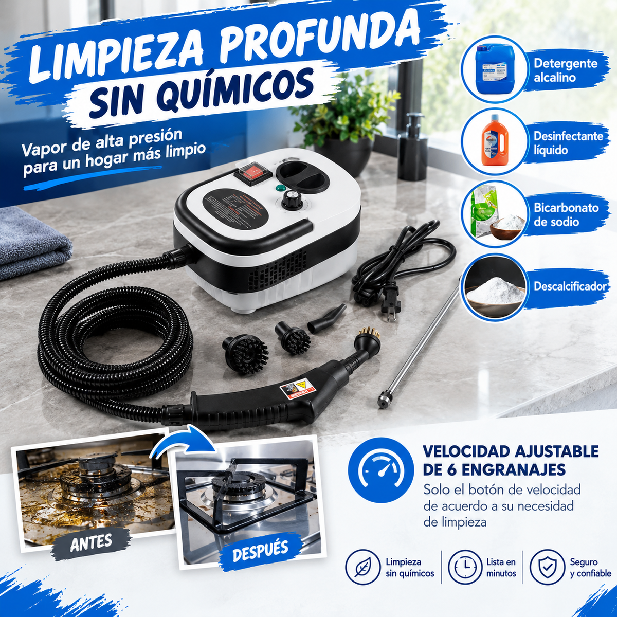 Limpiadora a Vapor Portátil 2500W | Elimina el Sarro y Desinfecta en Segundos sin Esfuerzo